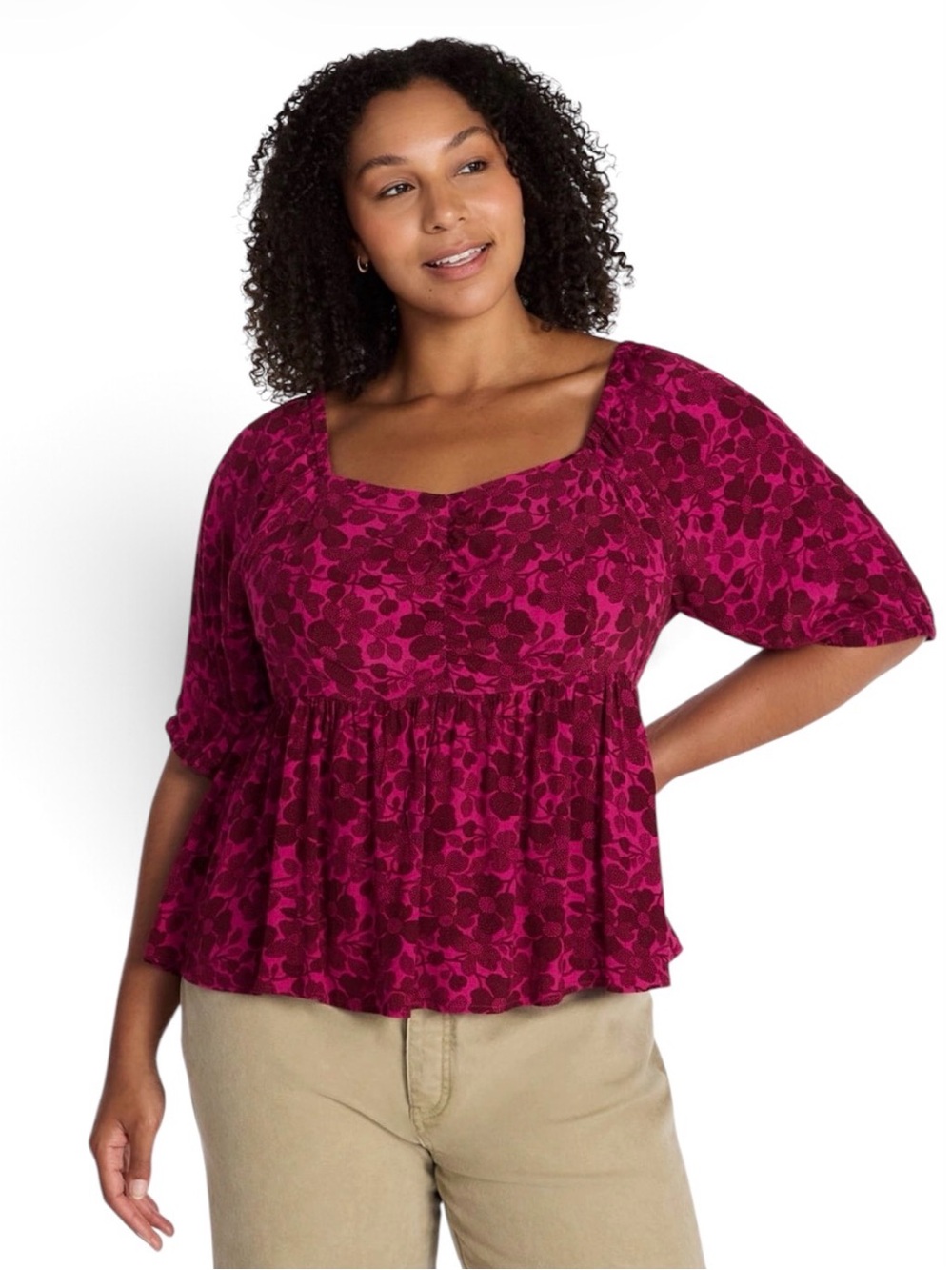 A. Terra & Sky Berry Plus Peplum Sweetheart Pink Square Neck Babydoll Top NWT